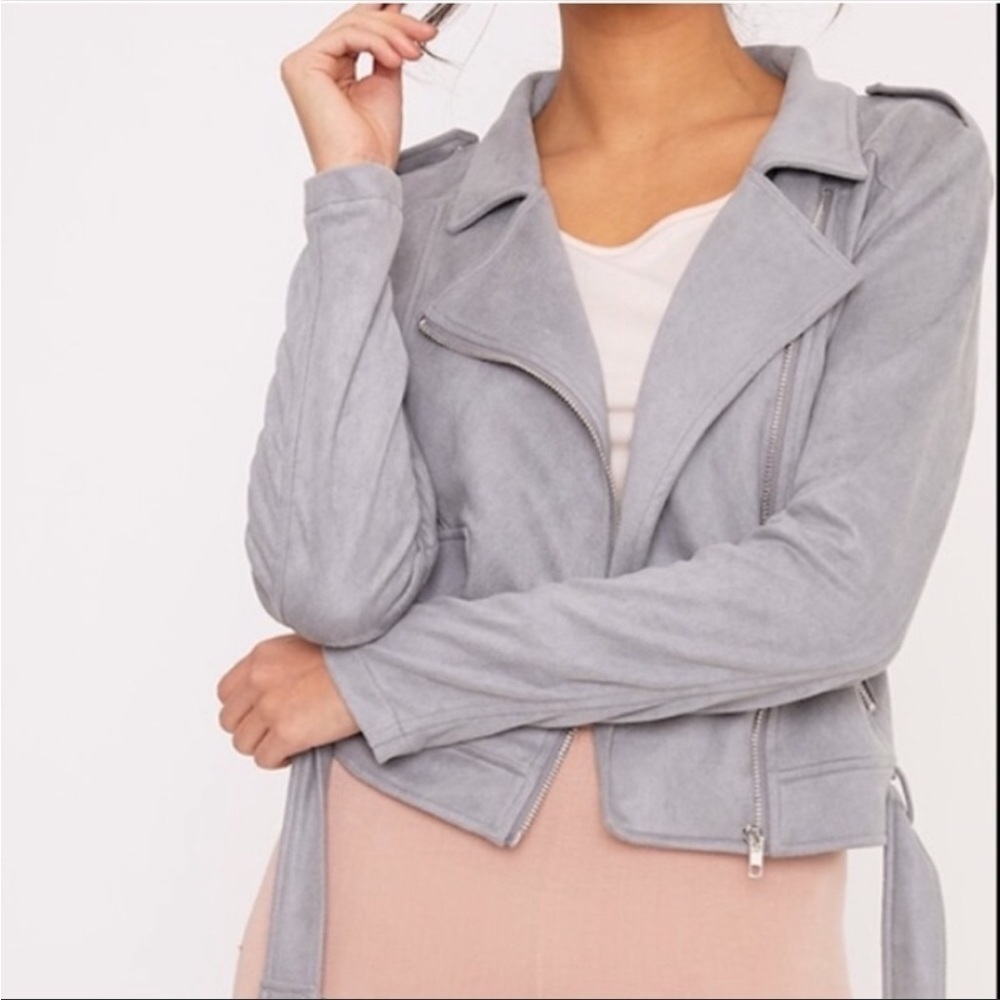PrettyLittleThing Grey Faux Suede Biker Jacket Size 8
